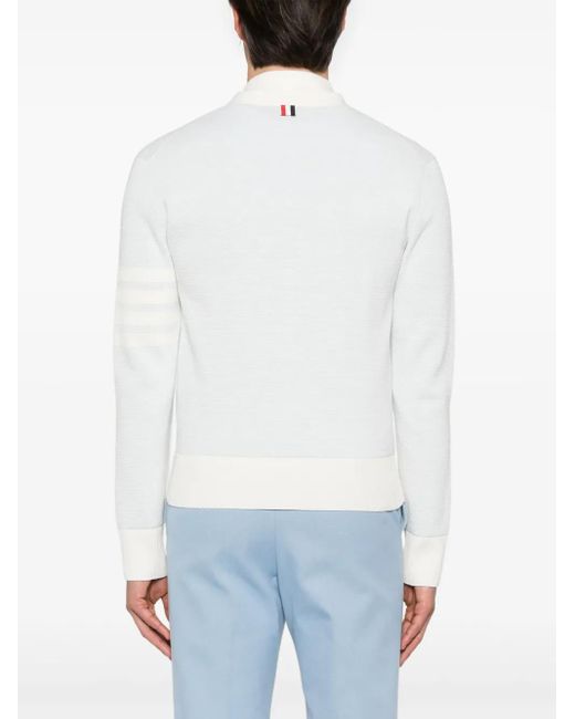 Thom Browne White Textured Striped Stitch 4-Bar Relaxed Fit V-Neck Cardigan for men