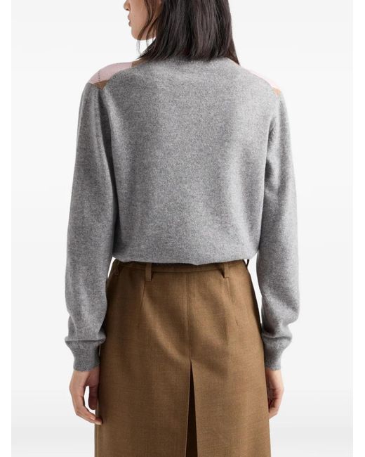 Prada White Argyle Cashmere V-Neck Sweater