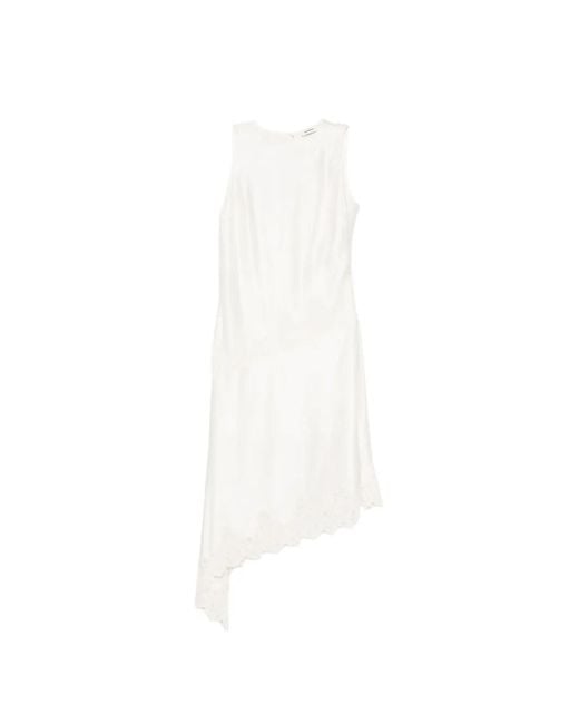 Sandro White Lace-Trim Asymmetric Midi Dress
