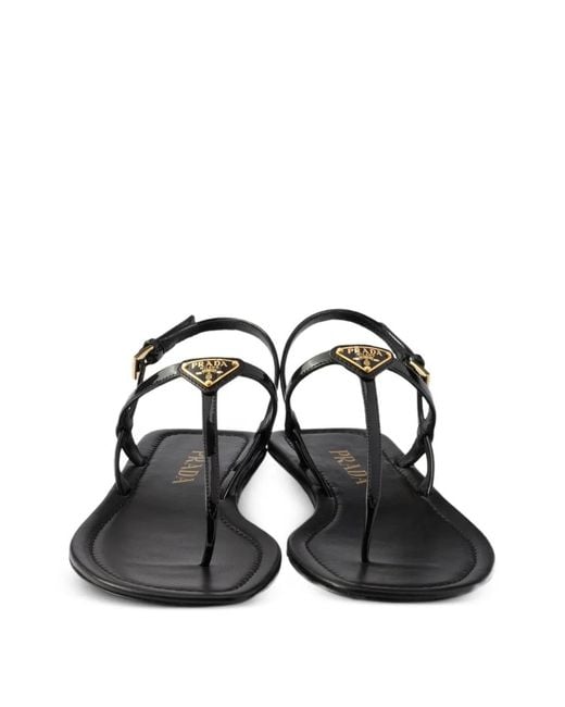 Prada Black Triangle Logo Patent Leather Sandals