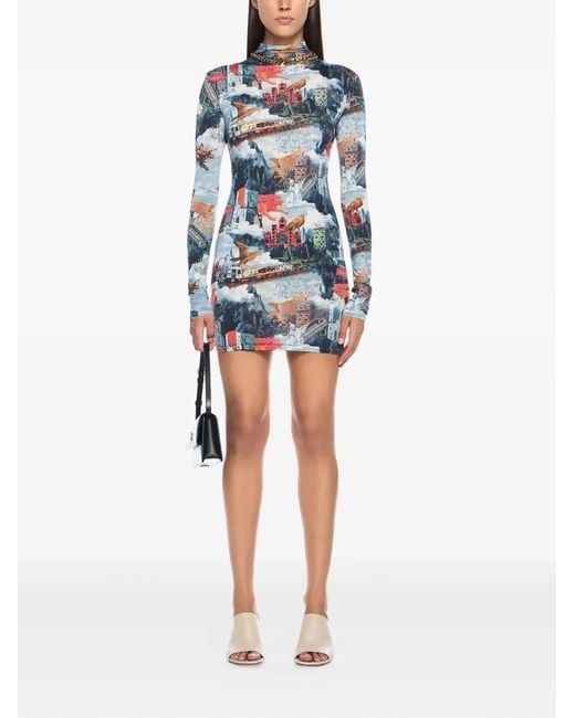 Off-White c/o Virgil Abloh Blue World Paint Long-Sleeve Mini Dress