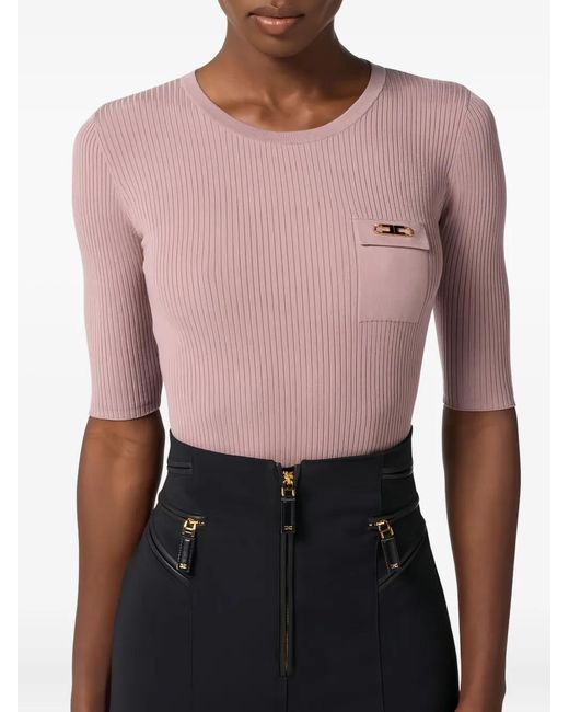Elisabetta Franchi Pink Ribbed Breast Pocket Knit Top