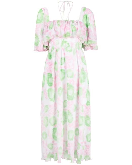 Ganni White Smocked Waist Printed Midi Dress