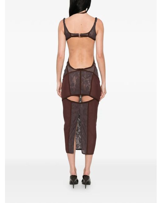 The Attico Brown Lace-Panelled Midi Dress