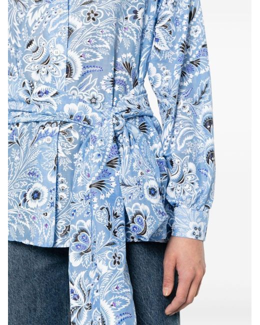 Etro Blue Seiden-Baumwoll-Hemd mit Blumen-Print