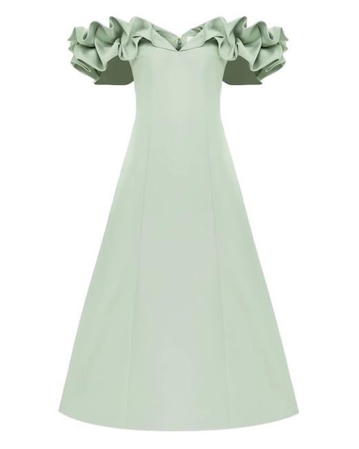 LEO LIN Green Ruffle-Shoulder Midi Dress
