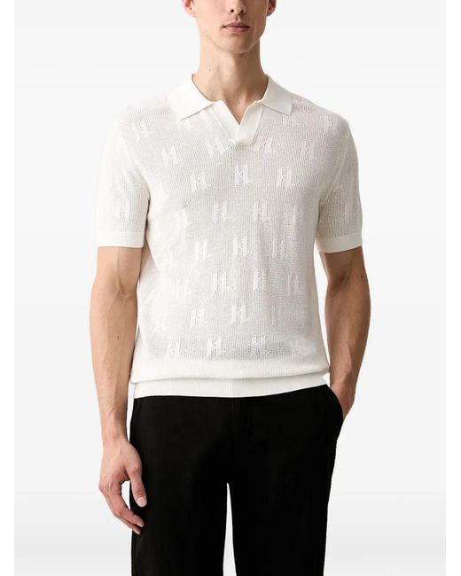 Karl Lagerfeld White Monogram-Knit Open-Collar Polo Shirt for men