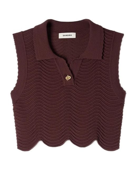 Sandro Brown Scalloped-Hem Single-Button Top