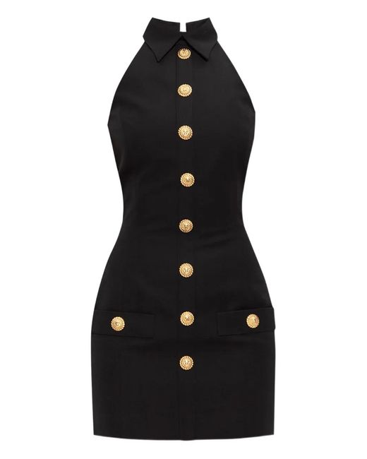 Balmain Black Halterneck Buttoned Mini Dress