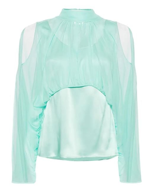 Alberta Ferretti Green Open Shoulder High Neck Blouse