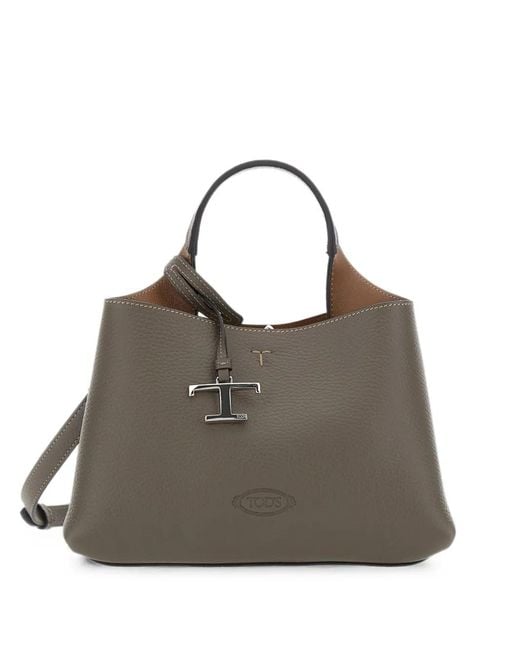 Tod's Brown T Timeless Pebbled Handbag