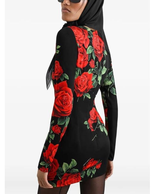 Dolce & Gabbana Red Rose-Print Charmeuse Mini Dress