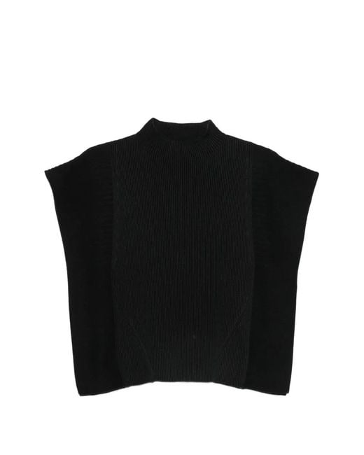 CFCL Black Portrait Ruffled-Sleeves Ribbed Top