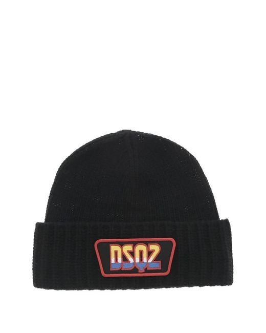 DSquared² Black Logo-Patch Ribbed Beanie Hat for men