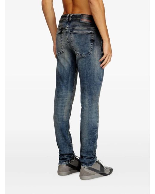 DIESEL Sleenker 09N15 Abrasions Jeans Met Leren Patch in het Blue voor heren