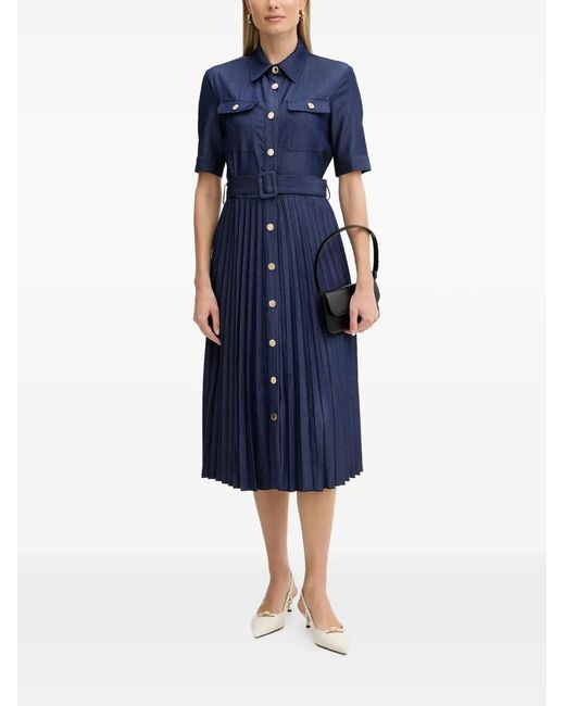 Fracomina Blue Pleated Belted Midi Dress