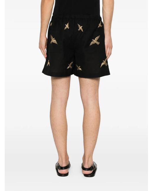BAZISZT Black Bird-Embroidered Drawstring Shorts for men