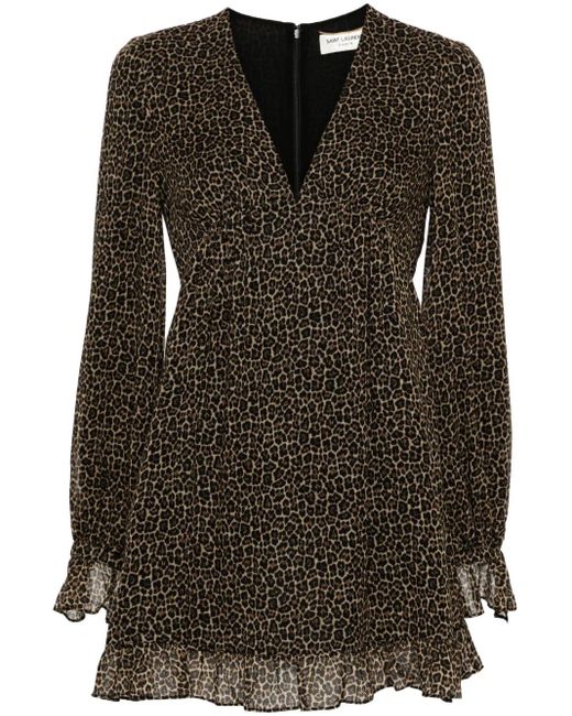 Vestido corto con estampado de leopardo Saint Laurent de color Black