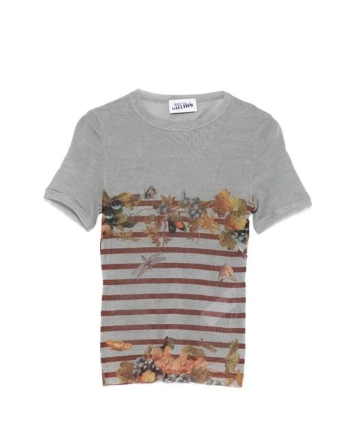 Jean Paul Gaultier Gray Short-Sleeve Fitted Top With Floral Motif And Stripes