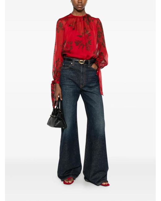 Max Mara Red Floral-Print Tie-Cuff Blouse