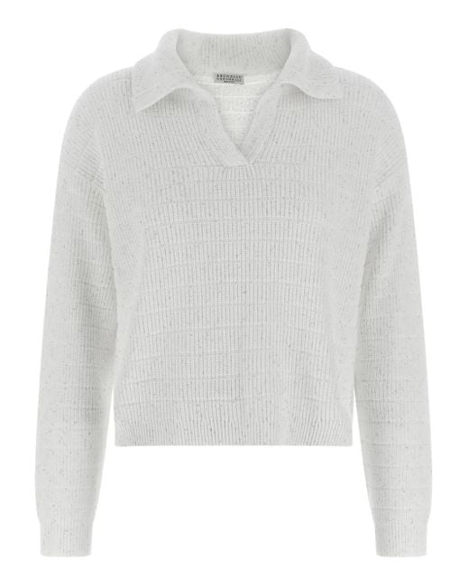 Brunello Cucinelli White Diamond-Knit Polo Top