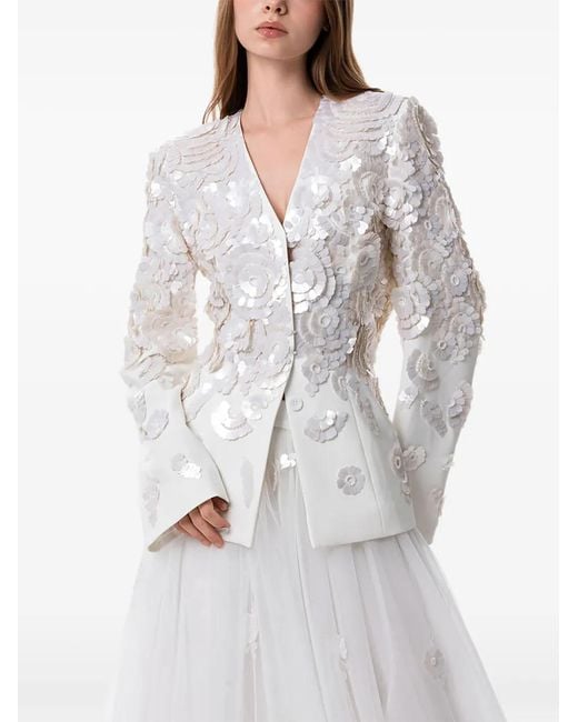 Dina Melwani White Floral Sequin-Embroidered Jacket-Silhouette Maxi Gown