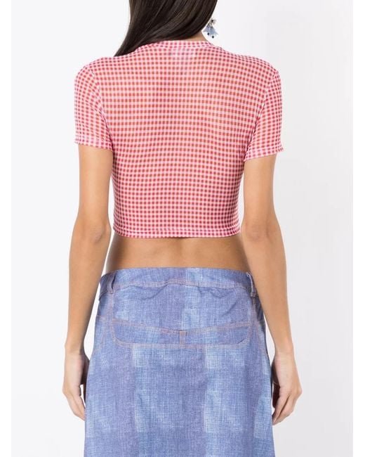 Amir Slama Pink Gingham-Check Pattern Crop T-Shirt