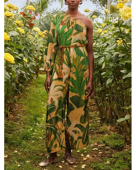 Farm Rio Metallic One-Shoulder Tropical-Print Jumpsuit