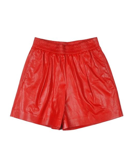 Brunello Cucinelli Red Pleated Leather Shorts