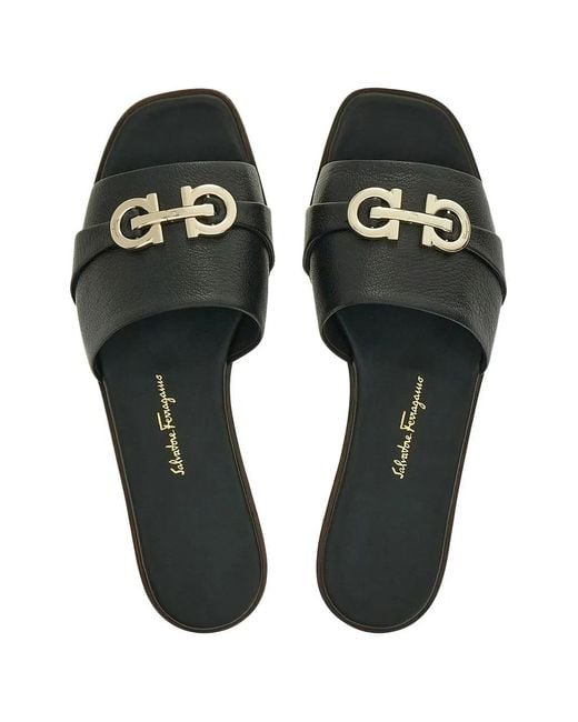 Ferragamo Black Gancini Leather Flat Sandals
