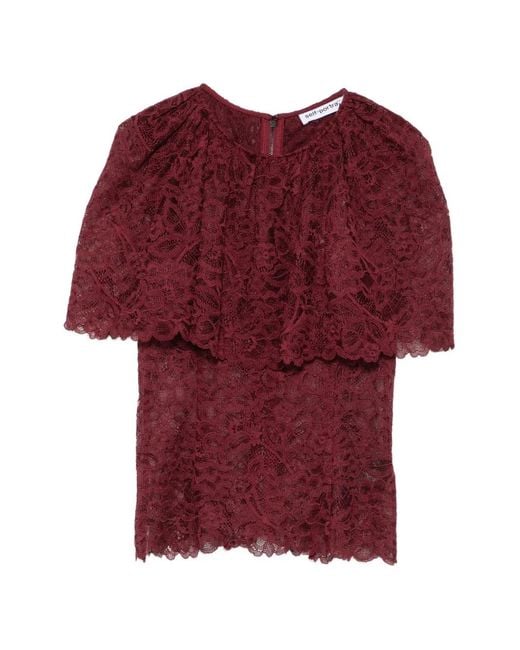 Self-Portrait Red Ruffled Lace-Overlay Top