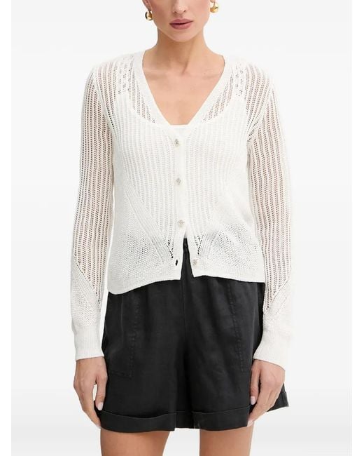 Morgan White Pointelle-Knit Button-Up Cardigan