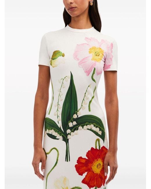 Oscar de la Renta White Painted Poppies-print Jersey Maxi Dress