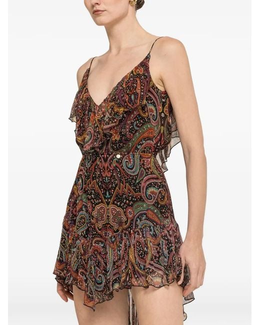 Nissa Natural Printed Silk Asymmetric Mini Dress