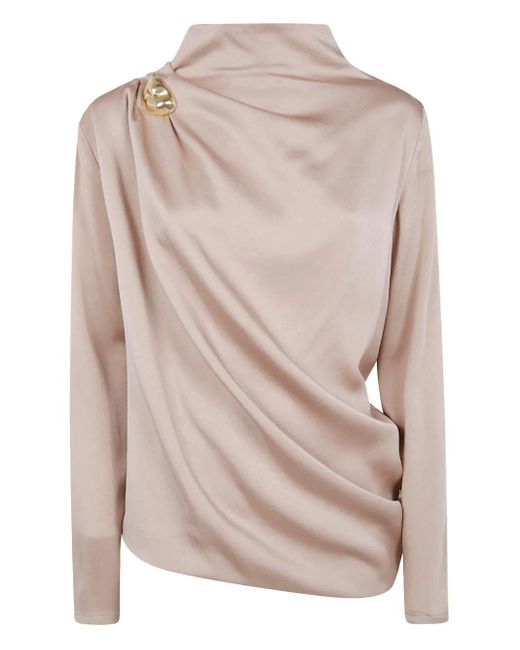Fabiana Filippi Natural Satin Draped Blouse With Jewel Detail