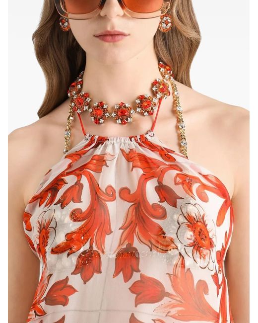 Dolce & Gabbana White Majolica-Print Chiffon Short Dress