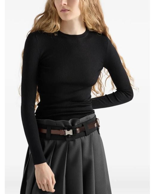 Prada Black Ribbed Knit Wool Crewneck Sweater