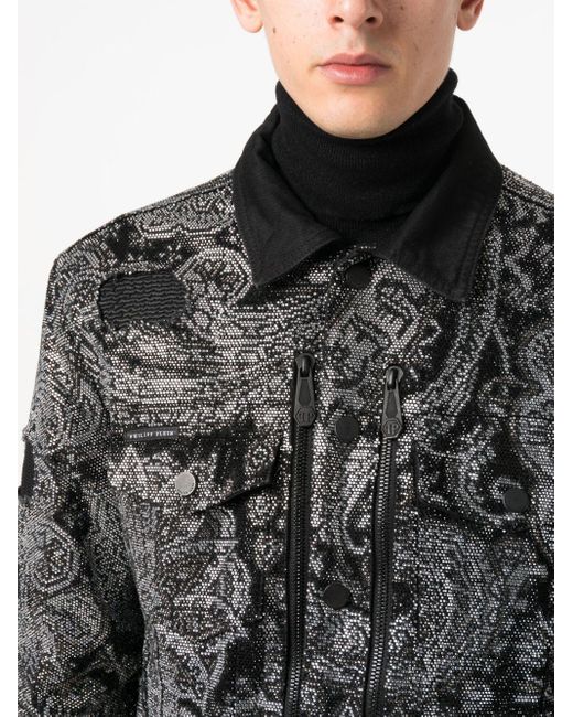 Philipp Plein Gray Rhinestone-embellished Paisley-print Jacket for men