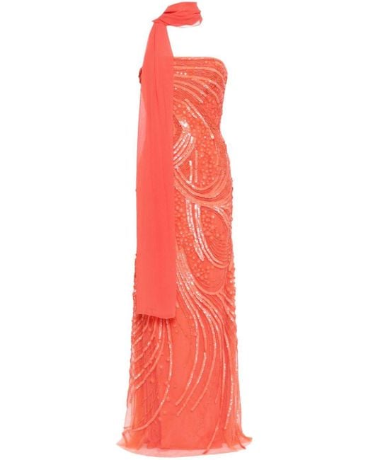 Elie Saab Red Sequin-Embellished Scarf-Detail Gown