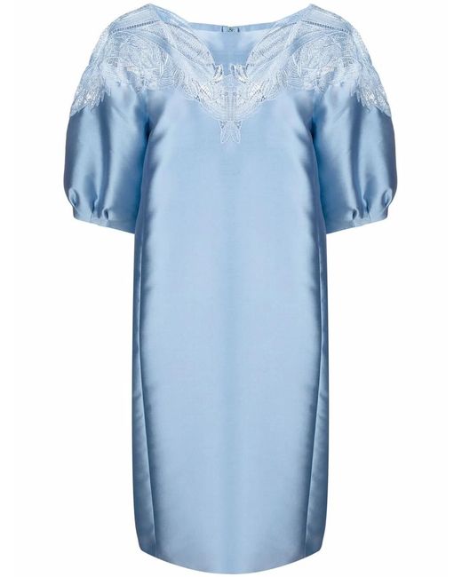 Alberta Ferretti Blue Macramé-Lace Balloon-Sleeve Midi Dress