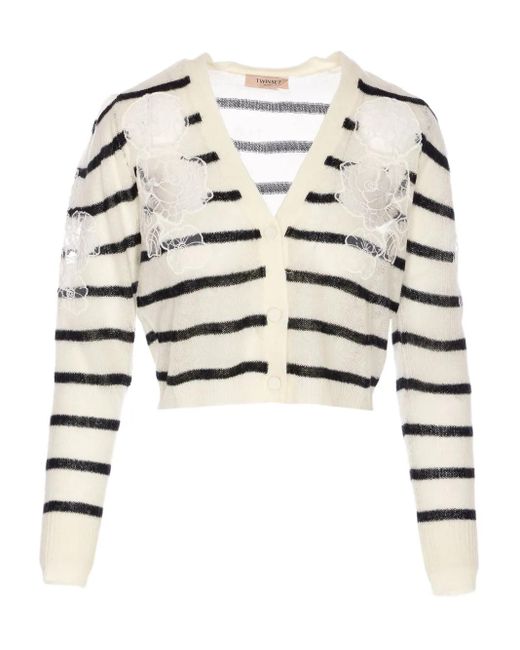 Twinset White Striped Lace-Detail Cardigan