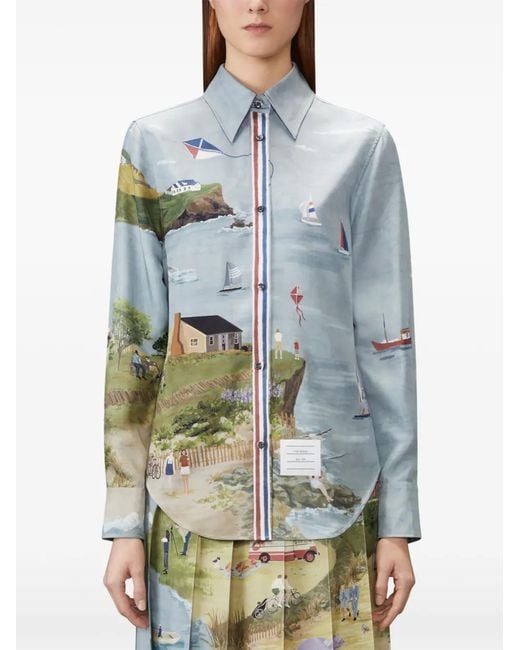 Thom Browne Blue Nantucket Scenic-Print Silk Shirt