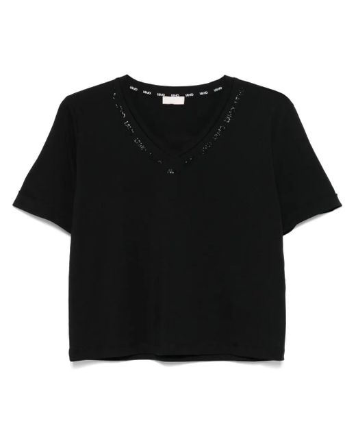 Liu Jo Black Crystal-Embellished Logo T-Shirt
