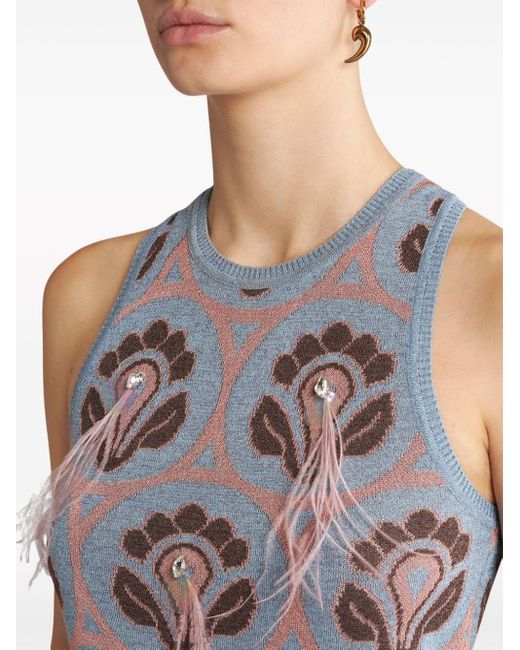Etro Gray Feather-embellished Jacquard Top