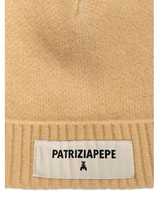Patrizia Pepe Natural Ribbed Logo-Patch Beanie Hat