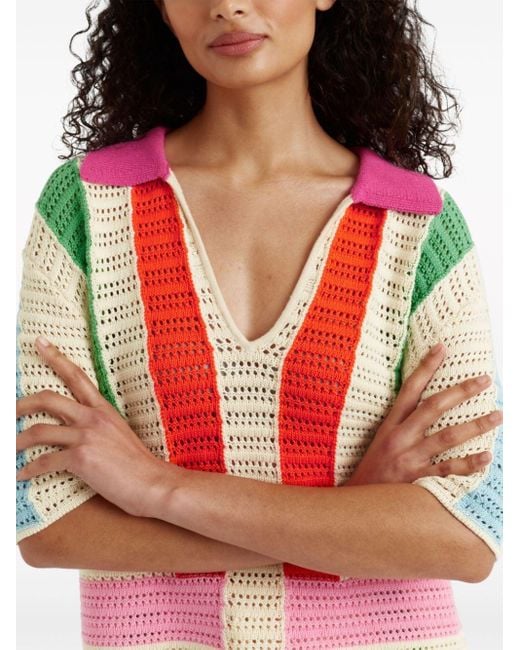 Chinti & Parker Pink Capri Striped Crochet-stitch Polo Shirt