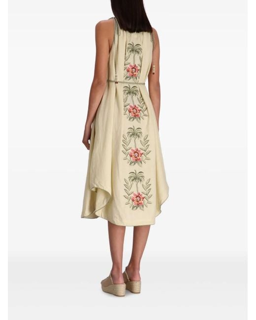FARM Rio Sand Tropical Flower Embroidered Midi Dress in Metallic