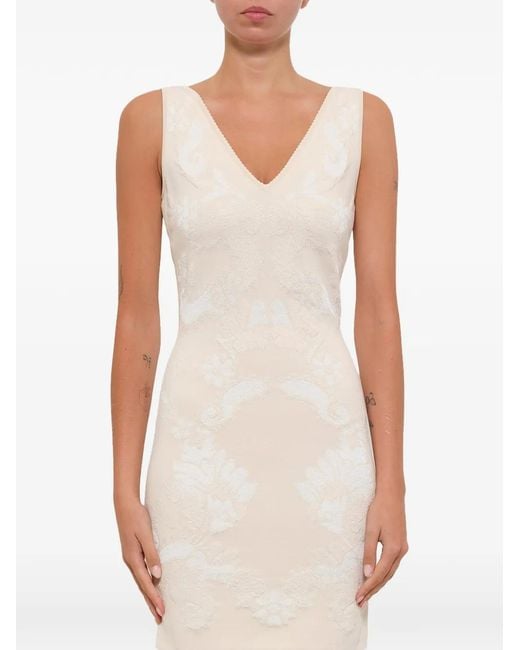 McQueen White Floral-Jacquard V-Neck Dress