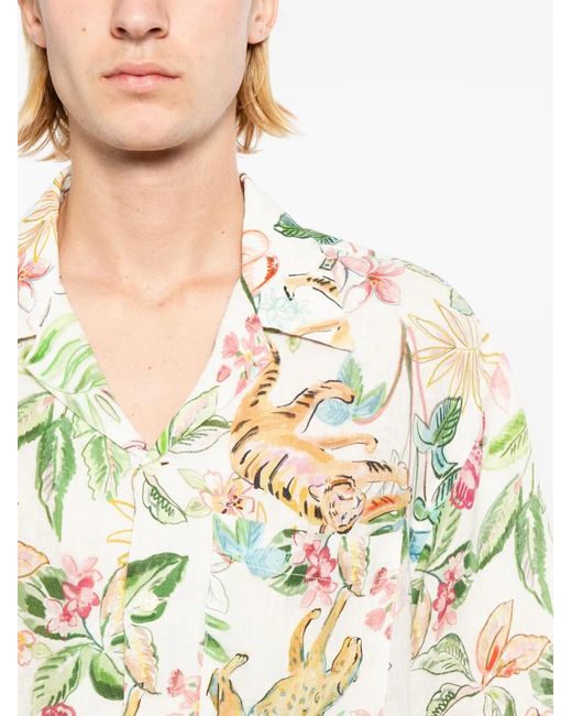120% Lino White Floral-Print Shirt for men