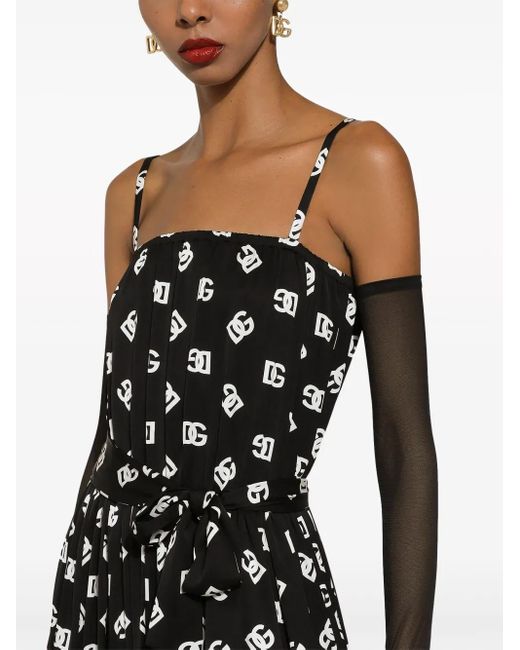 Dolce & Gabbana Black Dg Print Pleated Dress